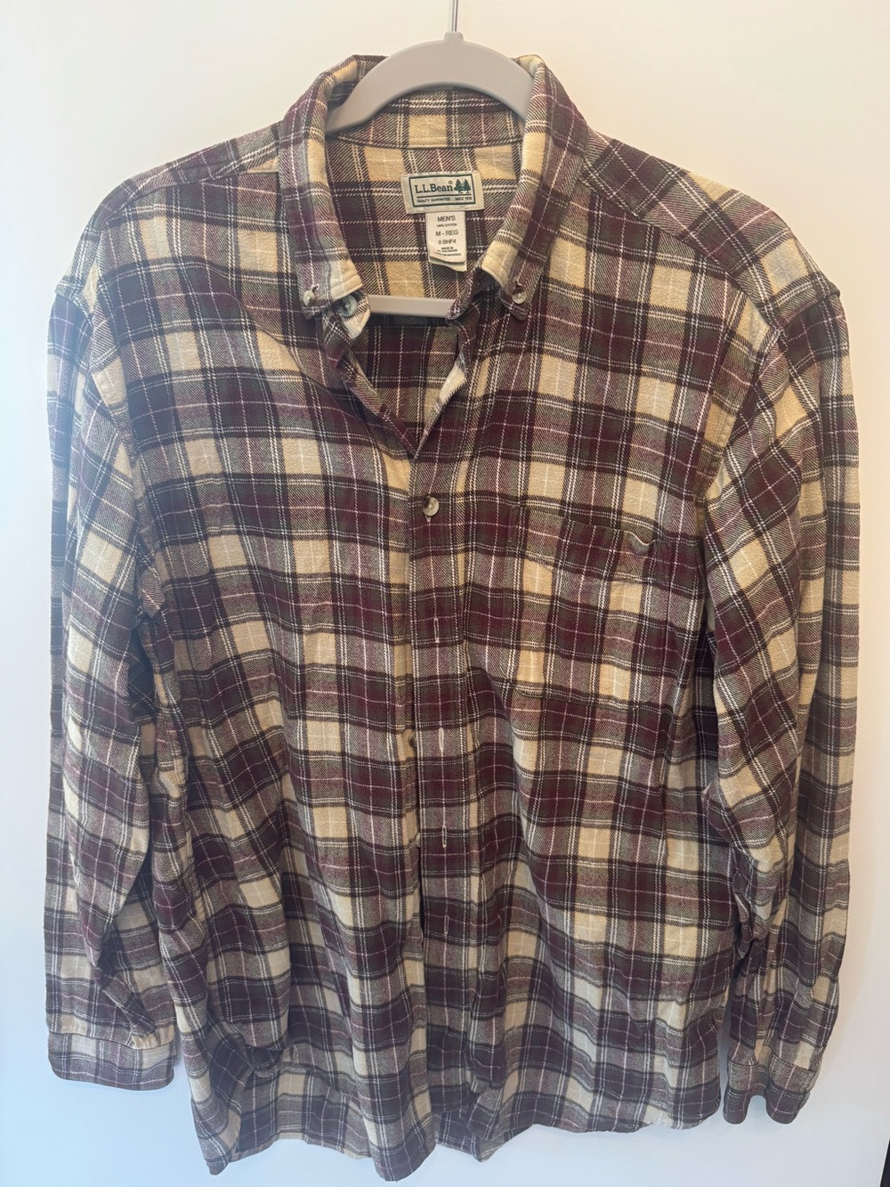 L.L.Bean Men’s Medium Plaid Flannel Button-Down Shirt Burgundy Cream